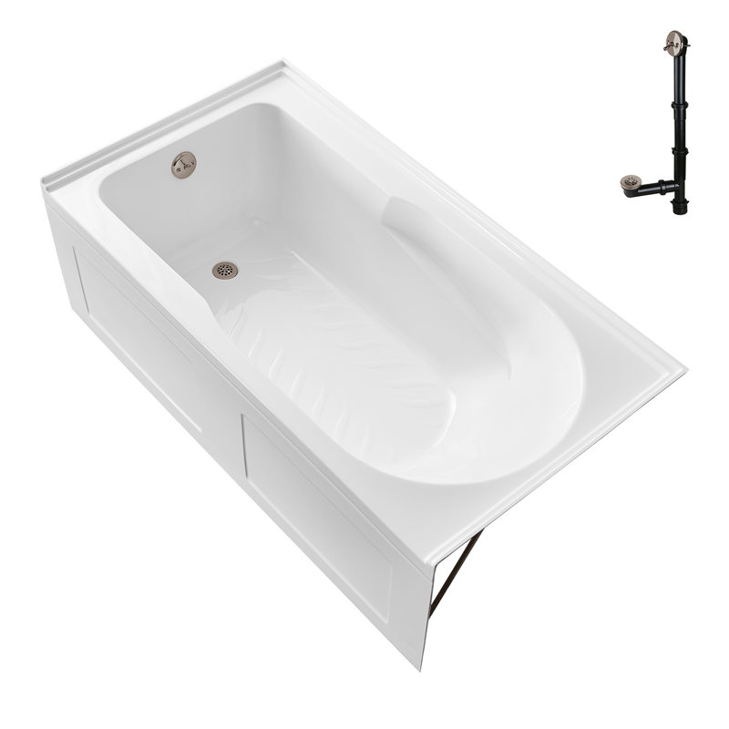 Streamline 60 in. x 32 in. Acrylic Left-Hand Drain Alcove Bathtub in Glossy White With External Drain, Brushed Nickel