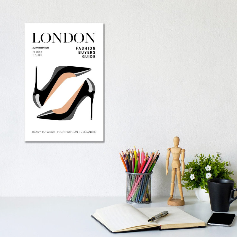 London Fashion Guide Magazine Cover With Patent Black High Heel Stilettos by Design Harvest - Wrapped Canvas Print