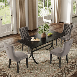 Rectangle Wooden Dining Table Set for 4-6, Mid-century Farmhouse Kitchen Table and Chairs with Velvet Tufted Chair for Dining Room, Apartment