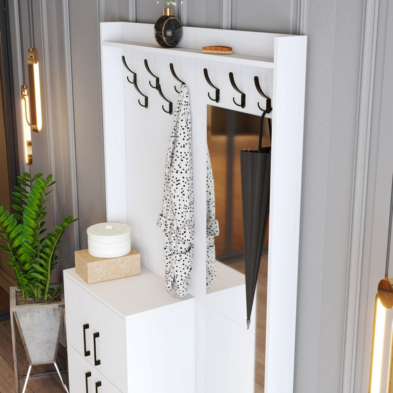 Modern Hall Stand with Hanging Coat Rack, White, 47.2 x 78.7 x 13.8 inches | 100% Melamine Coated Particle Board, Metal Legs & Handles | Numerous Shelves, Wall-Mountable, Stylish & Functional Storage Solution