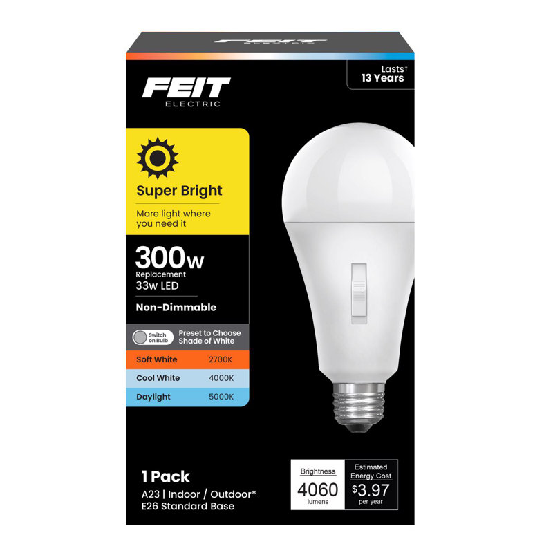 Ampoule à DEL Feit A23 E26 (moyenne) réglable de 300 watts, blanc, équivalente à 1 paquet