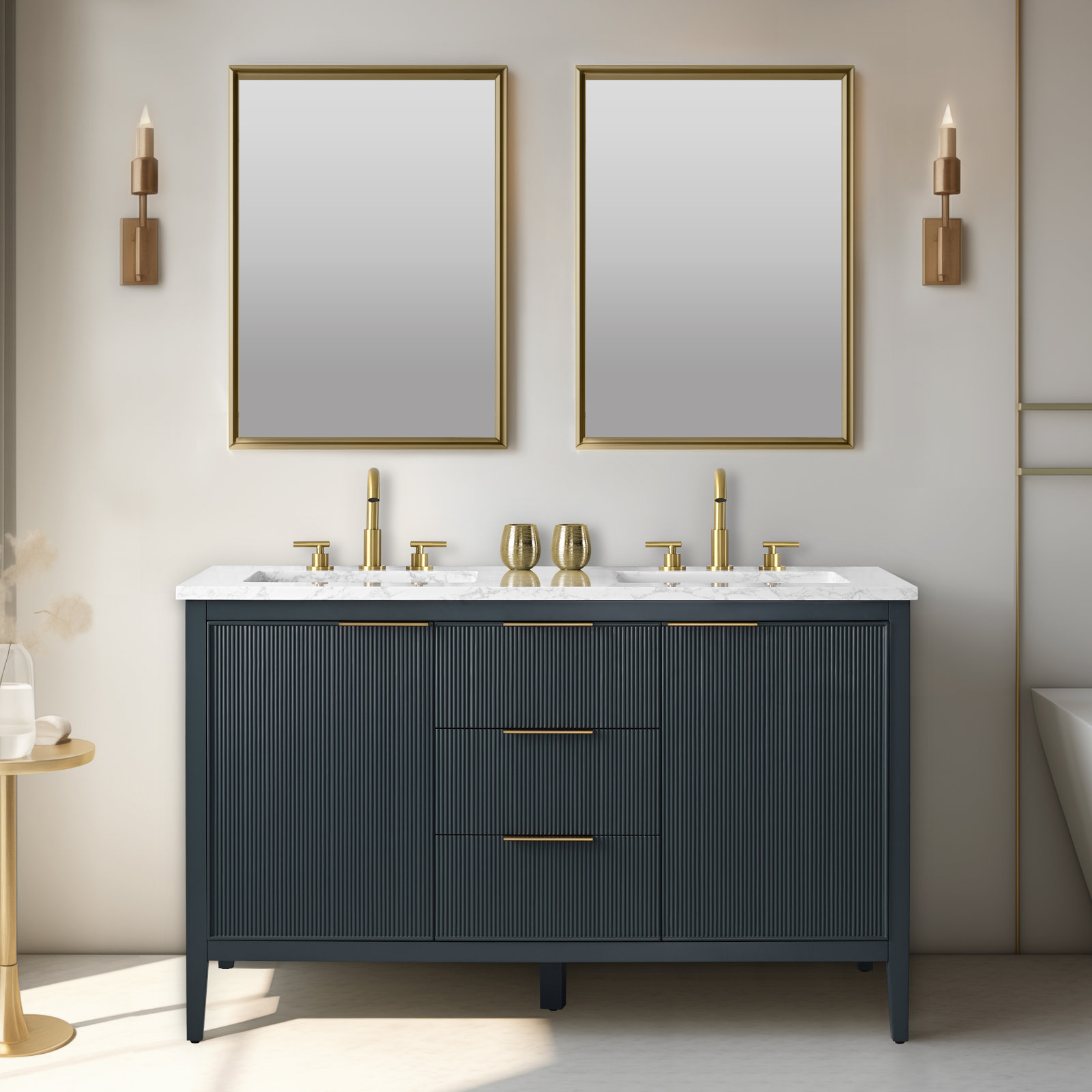 Bilroy 54" Pine Double Bathroom Vanity, Vintage Blue/Brushed Bronze