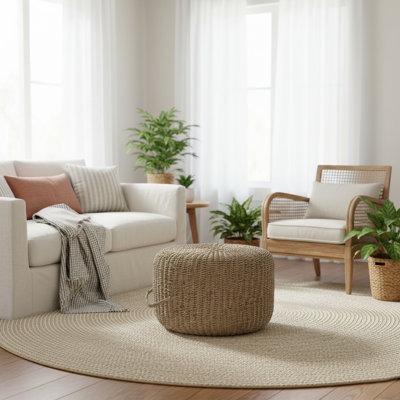 Chula 18" Round Natural Seagrass Pouf Ottoman – Handwoven Artisan Footrest with Handle, Boho Accent Seat for Living Room, Bedroom & Nursery
