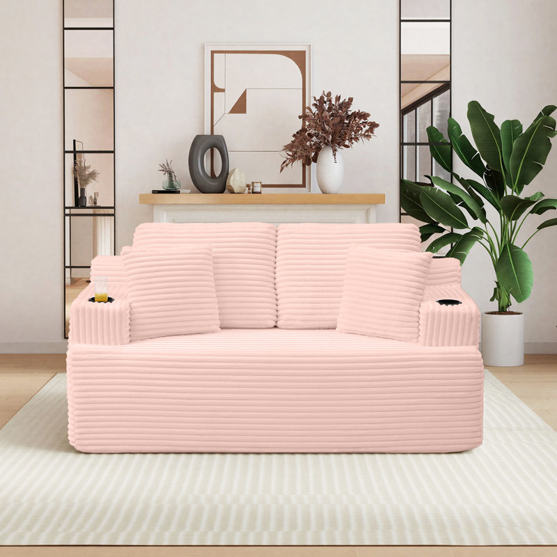Boneless Modern Corduroy Loveseat Sofa, Compression Cloud Couch with 2 Pillows & 2 Cup Holders, No Assembly Couch in a Box for Small Space