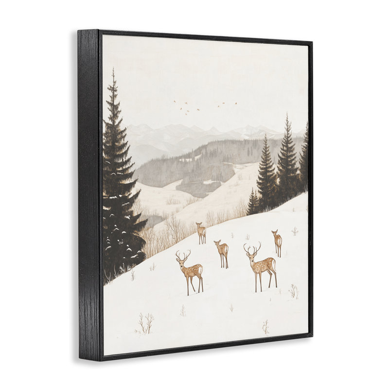 Winter Deer Mountain View Framed Giclee, design by Arlington Prints, 14" H x 11" W, Midnight Black Framed Giclee