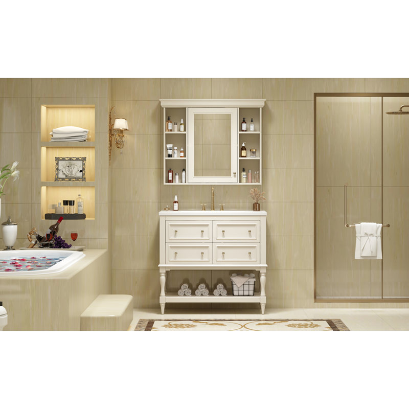 Meuble-lavabo de luxe 36 po avec armoire à pharmacie, structure en bois massif, 4 tiroirs, lavabo en céramique, tablette ajustable avec miroir, finition imperméable, lavabo moderne pré-percé beige
