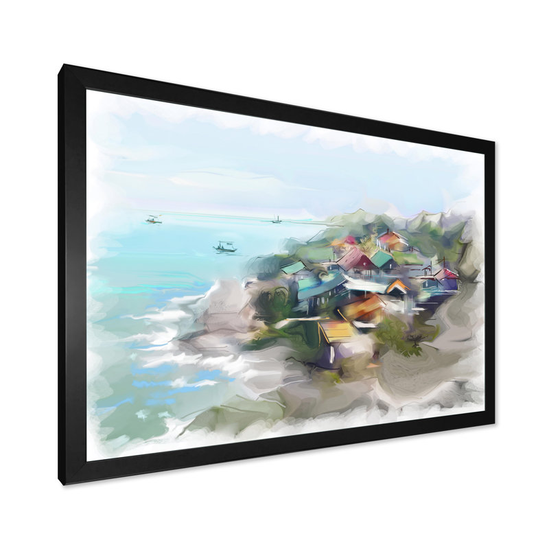 Maison de rêve par le paysage marin - peinture sur toile, H 34 po x l 44 po, Toile avec cadre de coin noir fermé