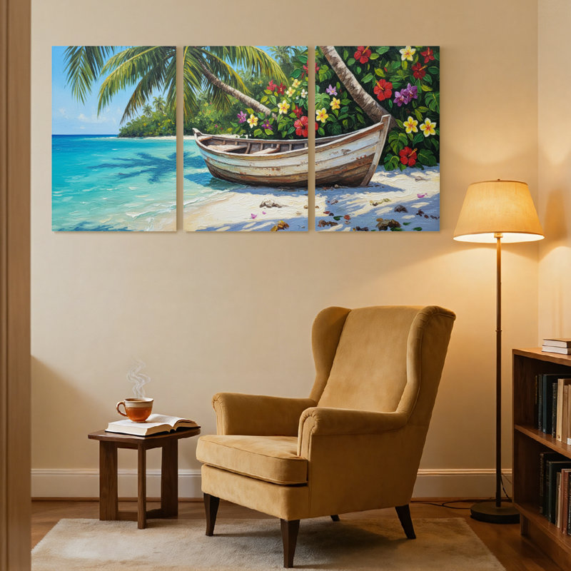 Nautique et plage, plage tropicale, bateau, palmiers, océan, ciel, sable, ensemble de 3 impressions sur toile