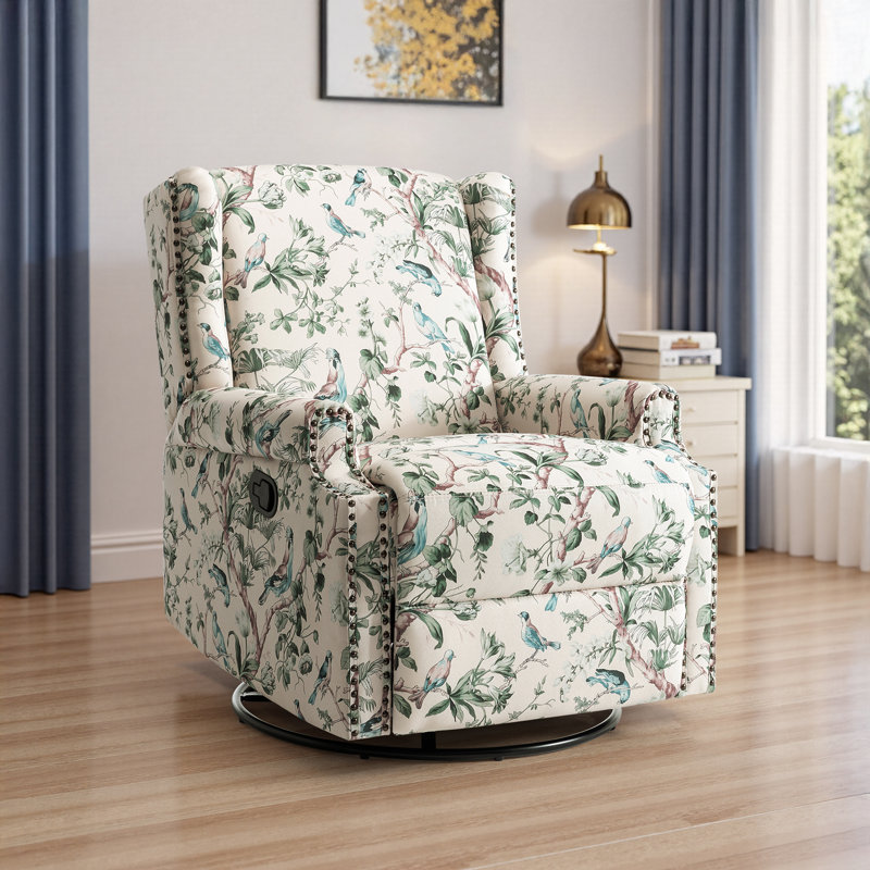 Upholstered Classic Wing Back Manual Handle Swivel Rock Glider Recliner with Naihead Trims, Bird