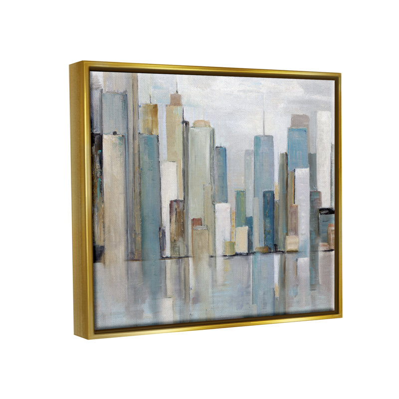 " Abstract Cityscape Buildings ", 25" H x 31" W x 1.7" D, Metallic Gold Floater Frame