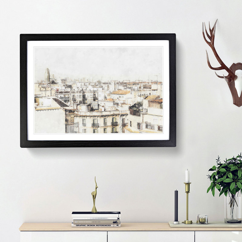 Rooftops in Barcelona Spain - Picture Frame Painting Print, 62cm H x 87cm W x 2cm D, Black Framed