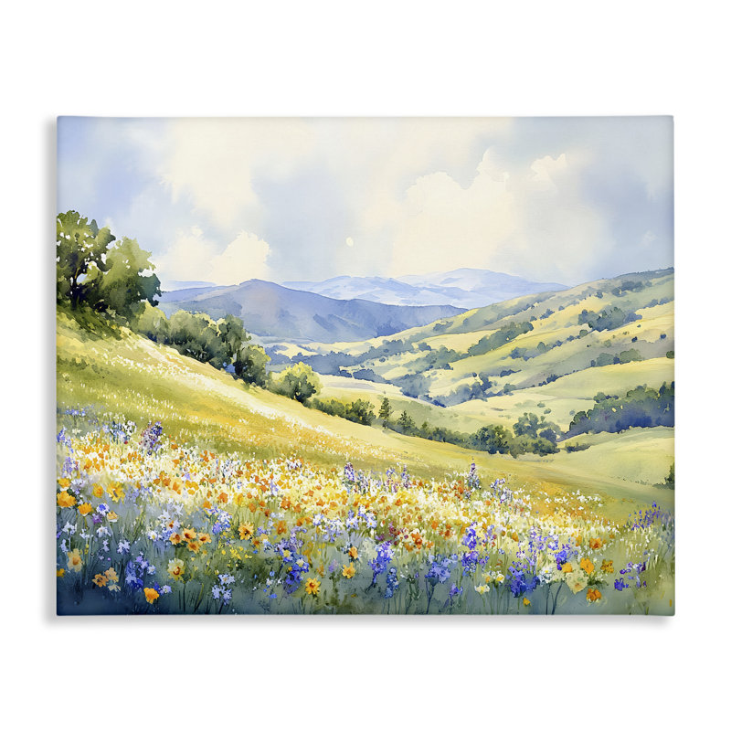 Printemps pré avec toile de montagne éloignée, design par Franklyn Gregory, H 24 po x l 30 po