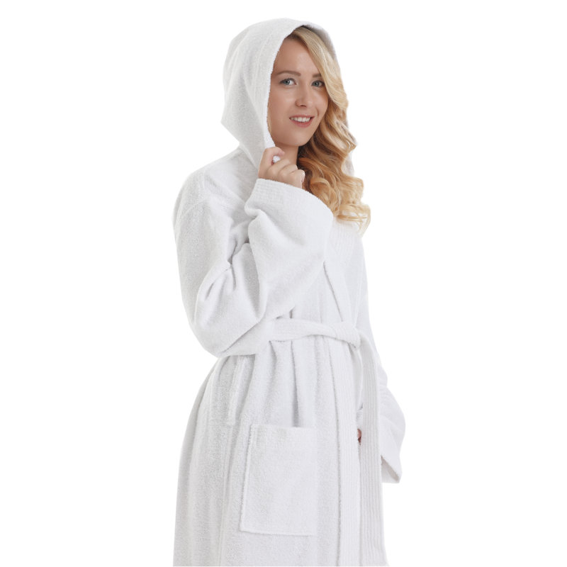 Peignoir pour fille / femme avec poches et capuchon 100% coton Oconee, po, Blanc