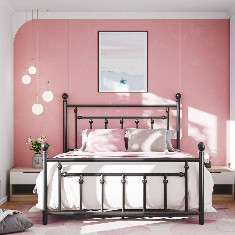 Edsall Metal Bed with Headboard and Footboard No Boxspring Needed, Queen, Black