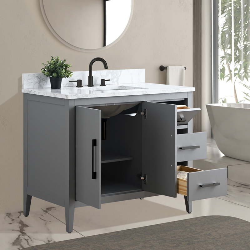 42'' Single Bathroom Vanity with Engineered Marble Top, Matte Black, Cashmere Gray