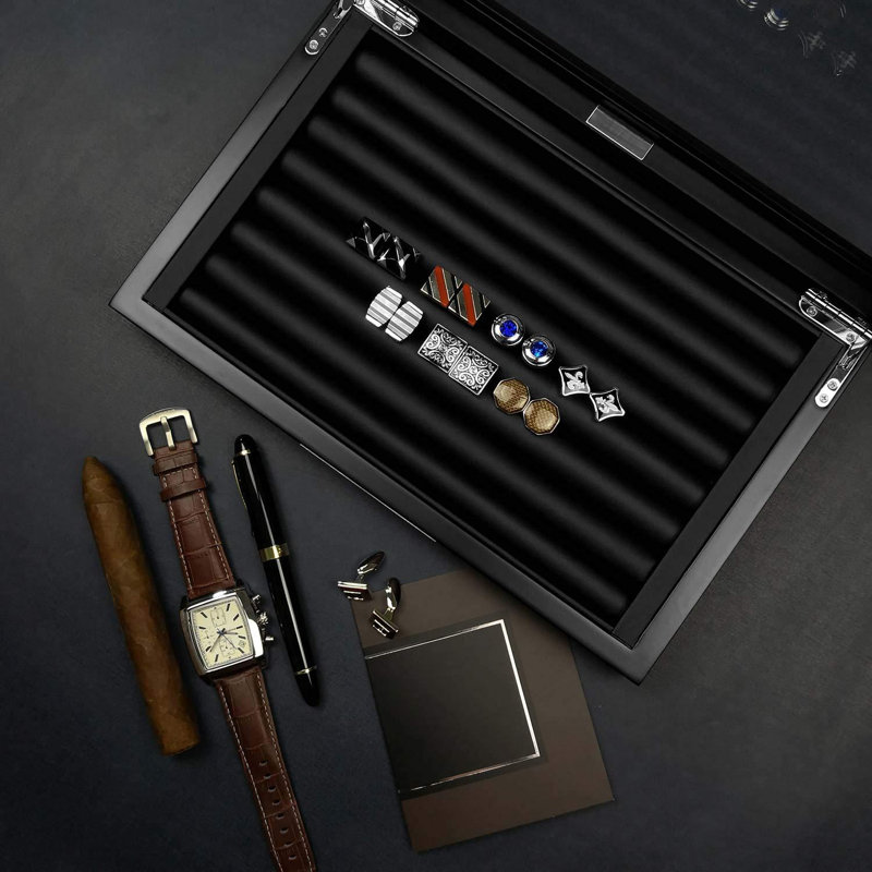 Wood Cufflink Box With Glass Window Cufflink Display Case Ring Organizer And Cufflink Box Hold 36-46 Pairs