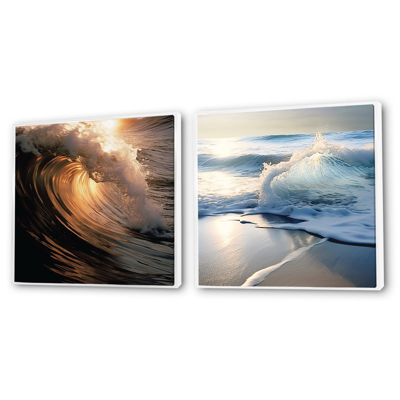 Photo de plage, vagues et côtes - ensemble de 2 carrés côtiers, Cadre flottant blanc, H 16 po x l 33 po