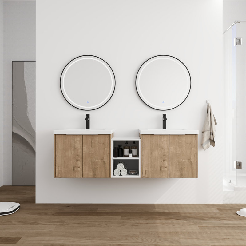 Double Bathroom Vanity With Resin Vanity Top, Beige, 60"