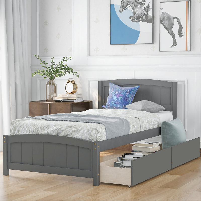 Lit simple avec deux tiroirs gris - Structure en bois massif pour une chambre à coucher moderne, Grey