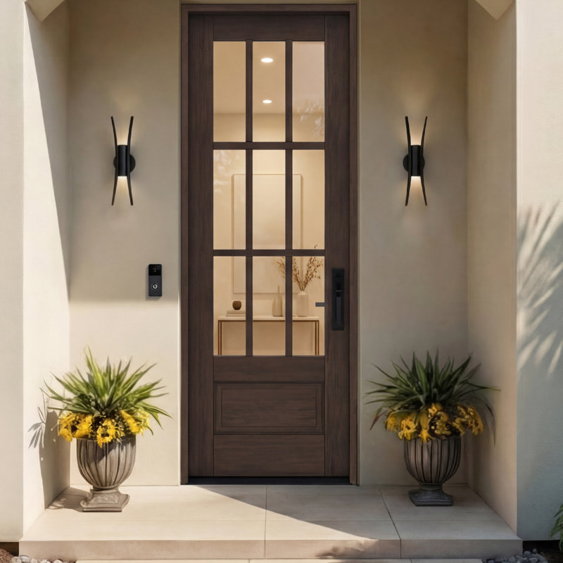 G7509-SW-96 | Porte simple 96 po, extérieur pré-monté RTA, 9 Lite SDL, 3/4 Lite, 1 panneau, bois d'acajou brut