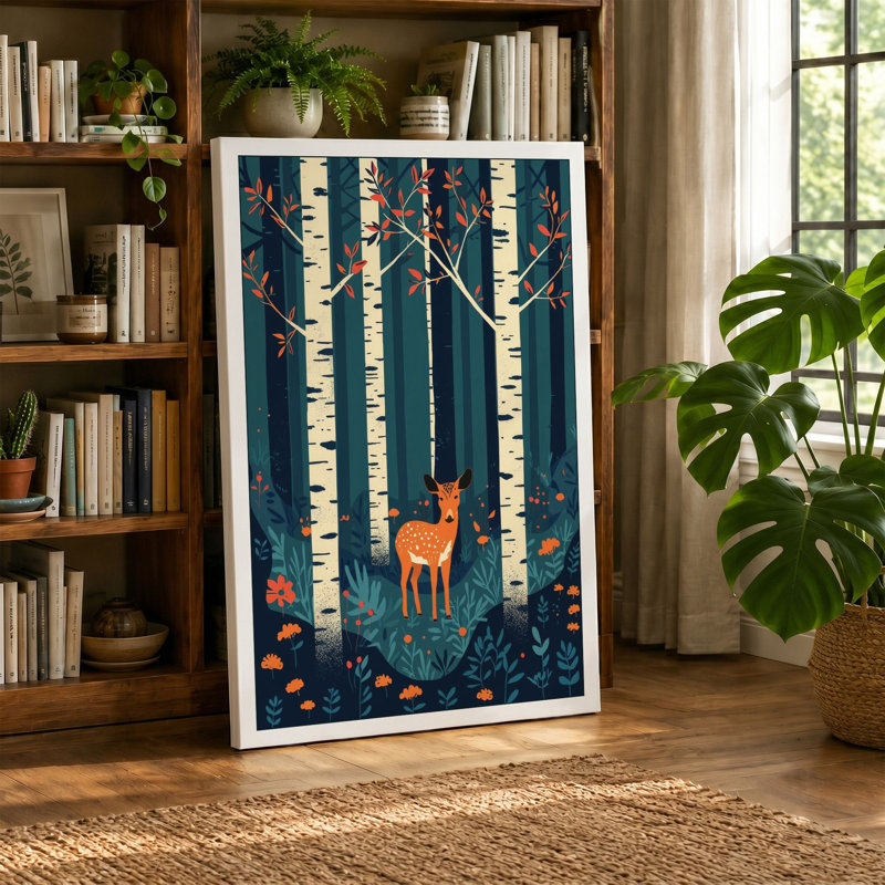 Deer in Birchwood Scandinavian - Wrapped Canvas, 36x24 - 91.4 x 61.0 cm, Sage Border