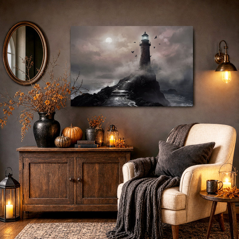 Toile d'Halloween au clair de lune sur un rocher avec des corbeaux, H 36 po x l 48 po