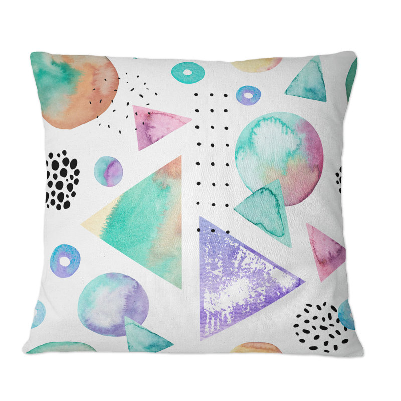 Rétro triangles, cercles, pois sur fond blanc I - Coussin décoratif à motif, 18 po x 18 po