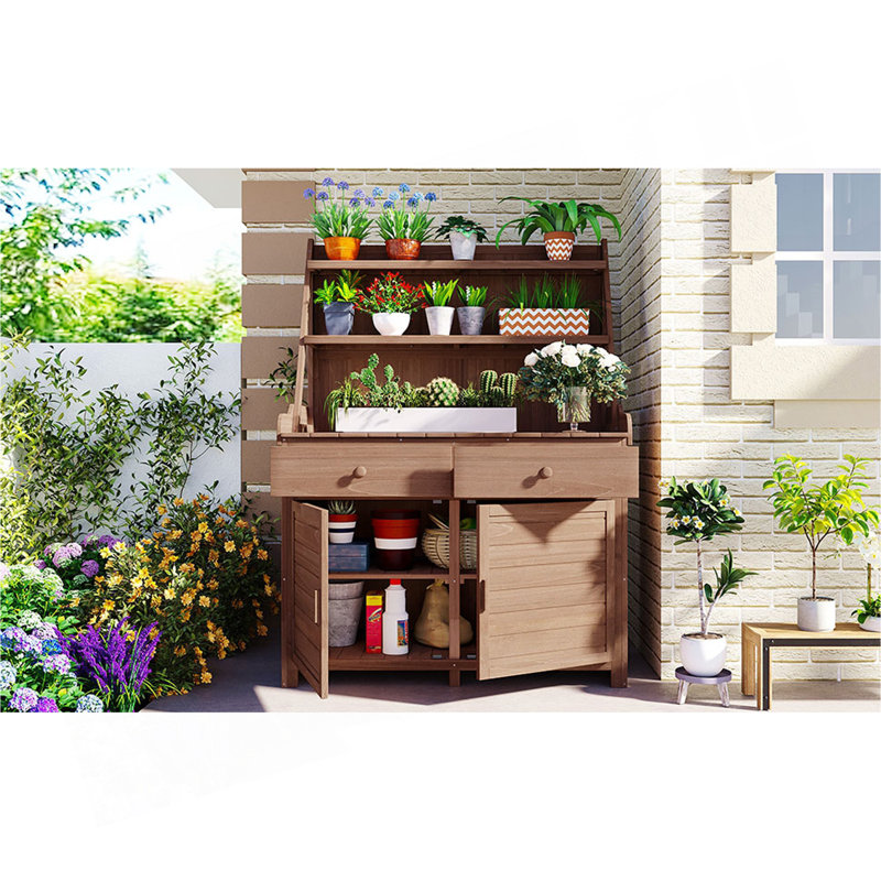 Table de jardin en pot en bois de sapin avec tablette de rangement, tiroir et armoire