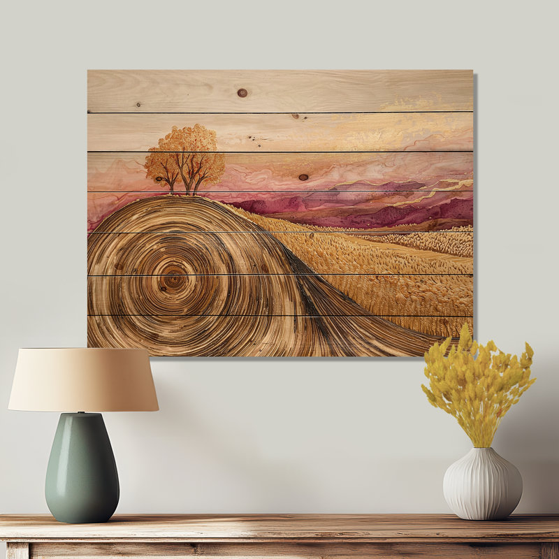 Country Side Rose Meadow With Wheat Field III - Meadow Wood Wall Art - On Natural Pine Wood, 24" H x 32" W x 0.78" D