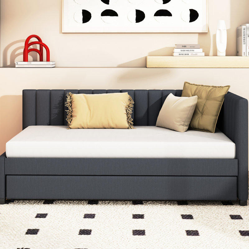 Twin Size Daybed With Upholstered Trundle, Linen Ornament, Strong Bed Quality, No Box Spring, Gray Attribute Spring Required Upholstery, Practical Frame