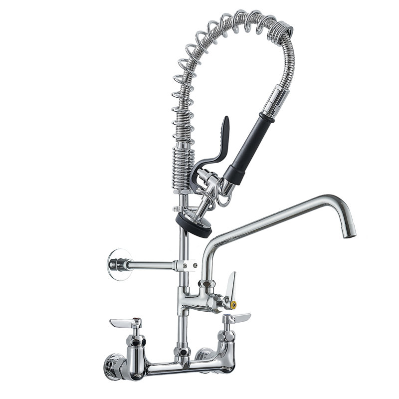 Commercial Triple Handle Wall Mount Stainless Steel Kitchen Faucet in Polished Chrome