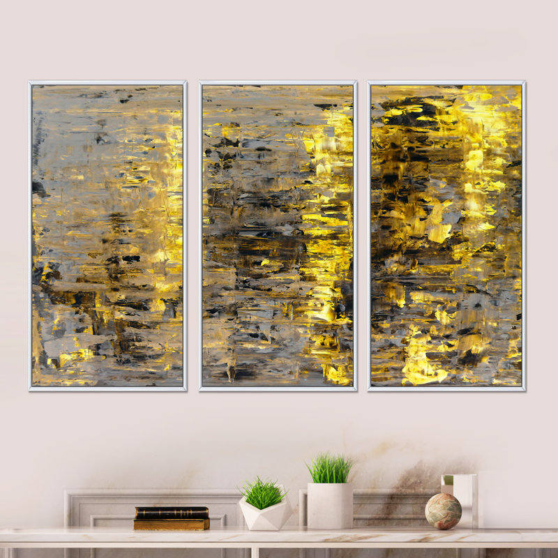 «Yellow Meets Gray Abstract Art II», ensemble d'art mural moderne sur toile encadrée 3