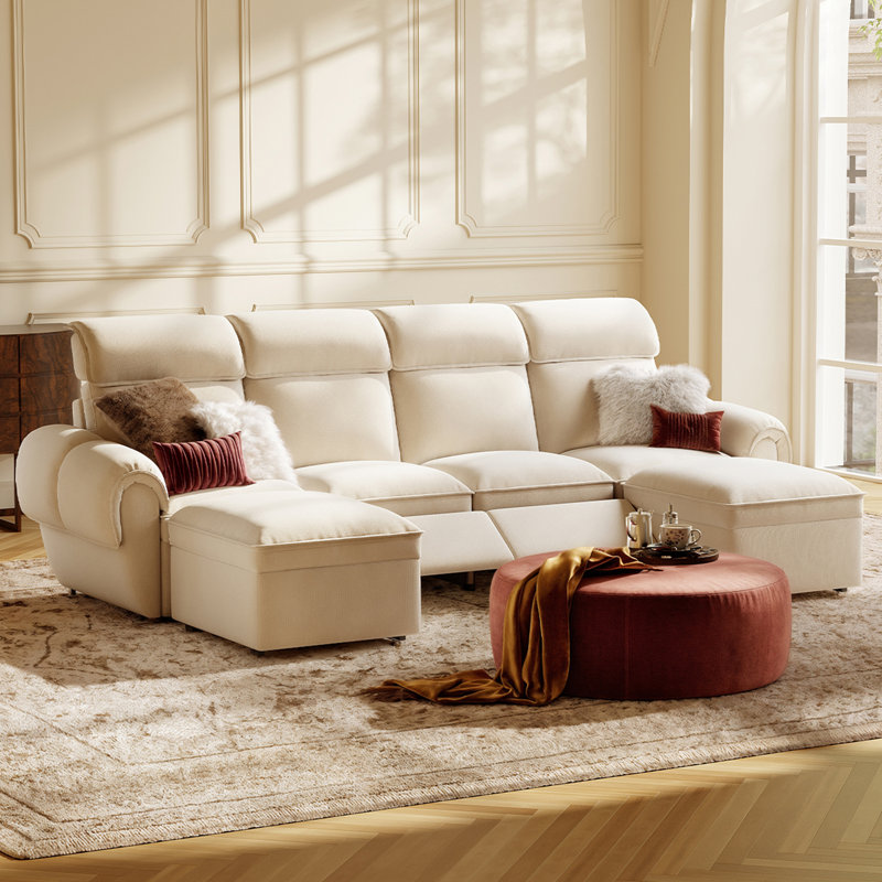 4 Seater Modular Sectional Sofa With 2 Ottomans, Couch With Storage, Off White, 0 Power Seat