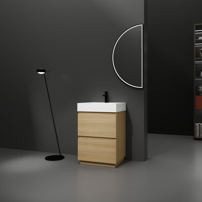Meuble-lavabo autoportant de style minimaliste moderne 24 po avec lavabo en résine et tiroirs