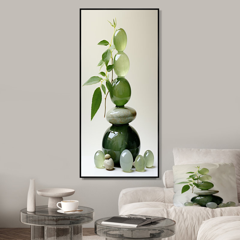 Pierre spirituelle verte zen 4 - Art mural pierre spirituelle, Cadre flottant noir, 20" H x 12" W