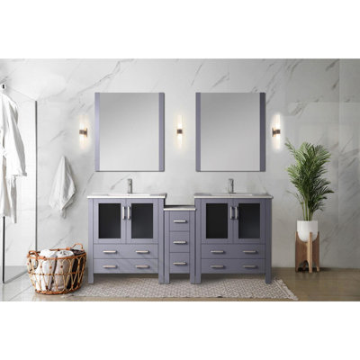 72 po Meuble-lavabo double gris foncé avec armoires latérales, robinet, 28 miroirs et comptoir en céramique gris Scratch