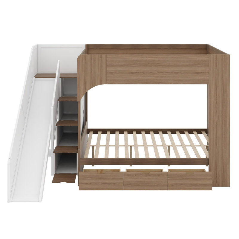 Lit superposé avec glissade et escalier de rangement intégré, tablettes et tiroirs pour les chambres d'enfants ludiques, Full