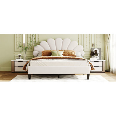Beige Graceful Pattern Velvet Headboard Queen Size Upholstered Platform Bed With Charming