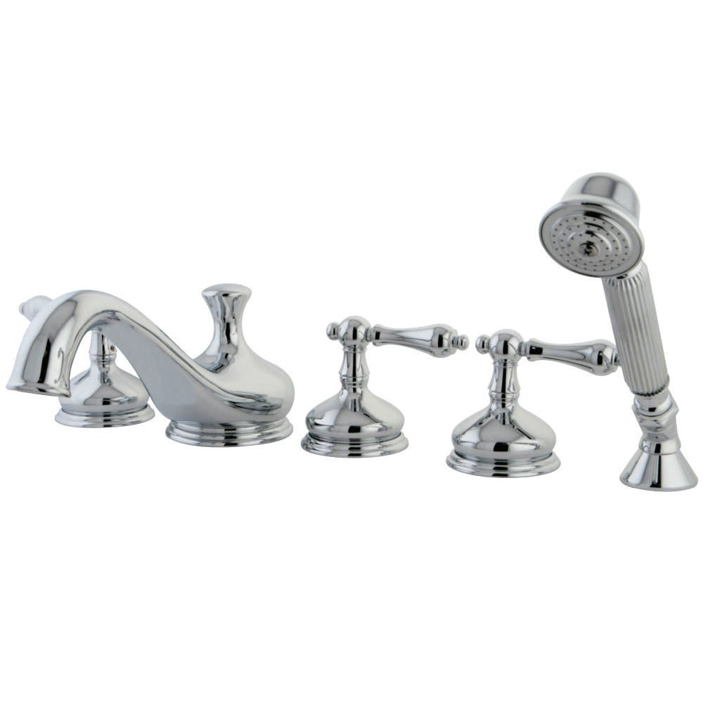 Kingston Brass Restoration Three-Handle 5-Hole Deck Mount Roman Tub Faucet with Hand Shower, Polished Chrome