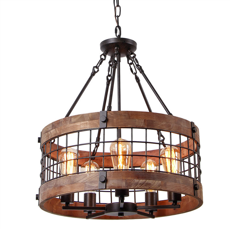19.7 in. 5-Light Dimmable Farmhouse Dining Room Chandelier with Metal Accents Drum Wood Caged 