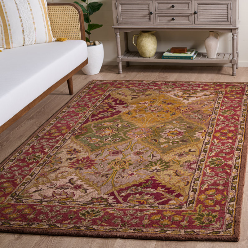 Geno Hand Tufted Wool/Cotton/Latex Oriental Rug in Red/Yellow/Green, Rectangle 6' x 9'