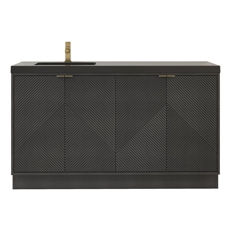 Monterey 59" Inch Freestanding Bathroom Vanity + Reinforced Black Acrylic Left Sink, Left, Black