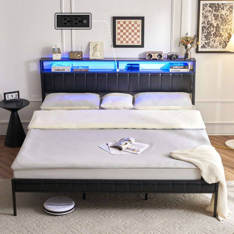 Tryston Bed with 2-Tier Storage Headboard & LED Light, King, Black
