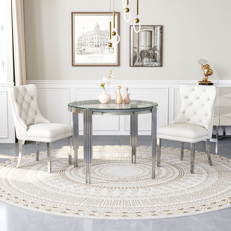 37"Modern Glass Dining Table Set, Irregular Stainless Steel Table Legs And Velvet Tufted Backrest Chairs, Clear, Silver