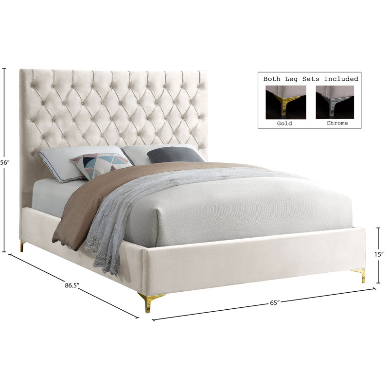 Lit plateforme tapissier Cruz, Grand lit, Velours crème