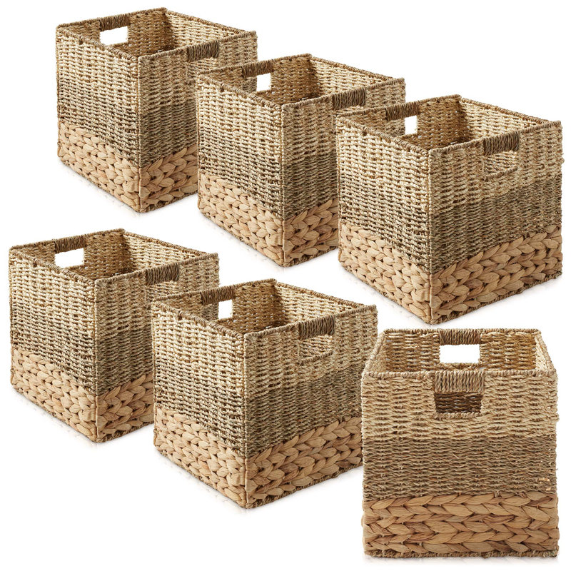 12" Mixed Weave Hyacinth Seagrass Storage Basket Cubes, Natural - Set of 6, 60 Quart