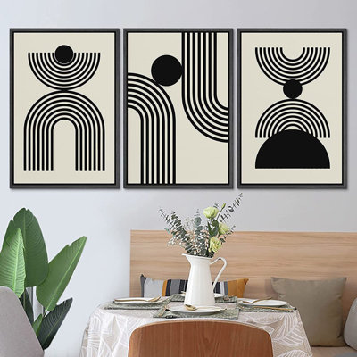 Signature, ensemble d'art mural sur toile encadré bicolore à motif géométrique Mid-Century, rayures, formes abstraites, illustrations, art moderne boho décoratif pour le salon, la chambre à coucher, le bureau - 24 po x 36 po x 3 po