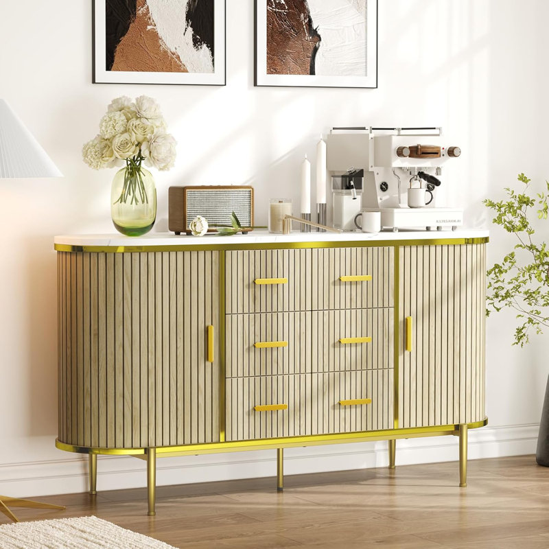 Sideboard Buffet Cabinet with Fluted Wood Construction, 6 Drawers and 2 Sliding Doors Storage Credenza for Living Room and Kitchen