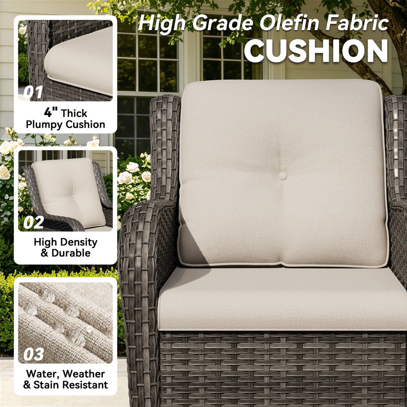 2-Person Outdoor Patio Conversation Rattan Seating Group With 1 Coffee Table,2 Armchairs and Beige Cushions, Beige