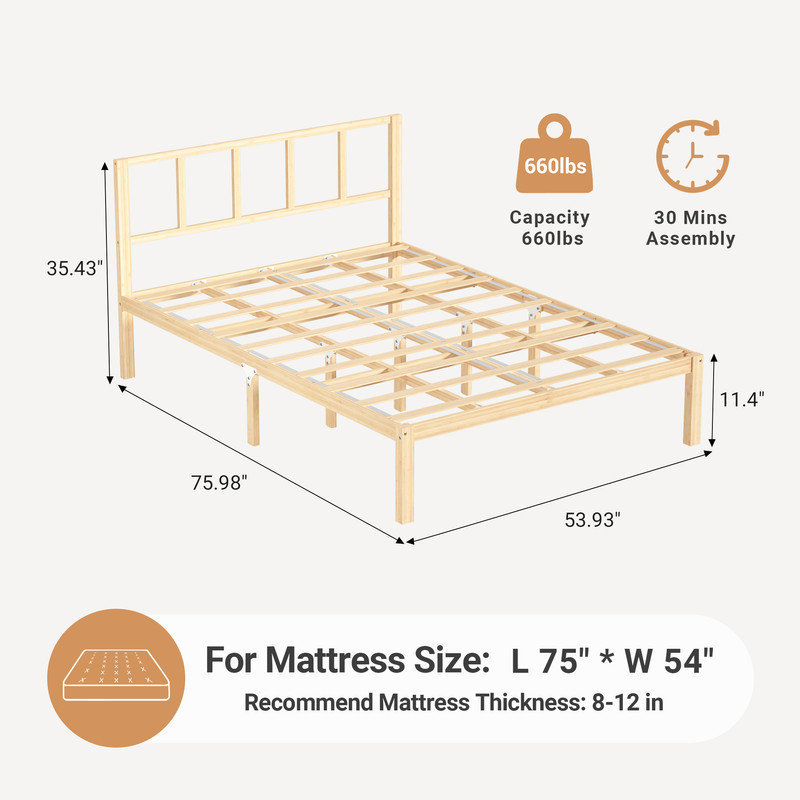 Bed Frame with Headboard Bamboo Wood Platform Beds with Slats Support, Full, Natural